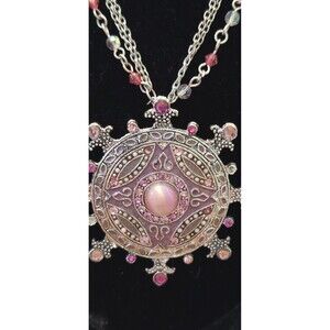 Pink & Silver Tone Pendant Necklace With Lots Of Bling & Sparkle 19" Unique